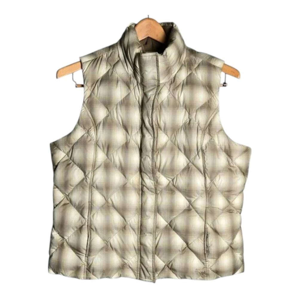 Eddie Bauer XL Womens Premium Goose Down Puffer Vest Cream Tan Plaid